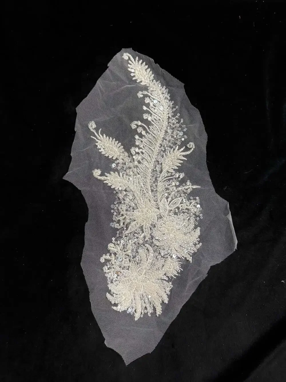 Off-White Floral Bead and Sequin Embroidered Bridal Lace Applique Patch